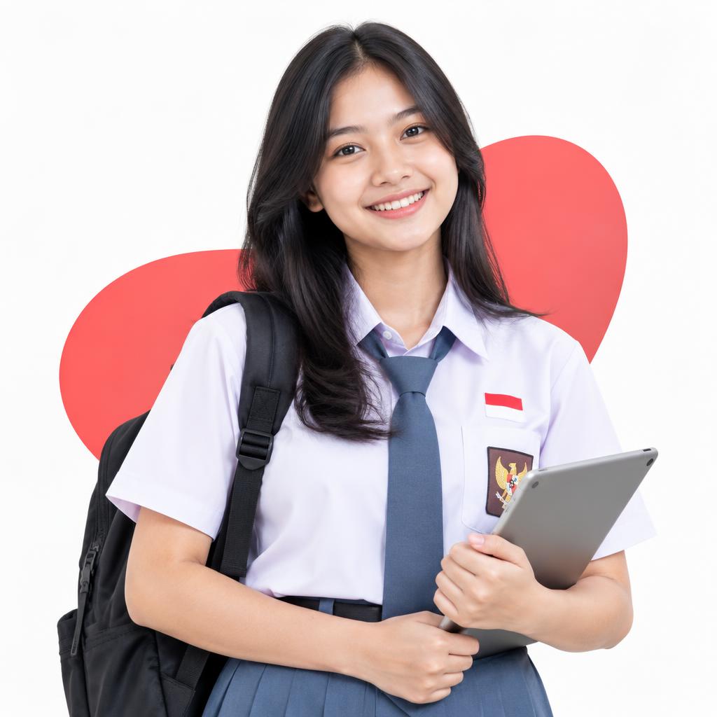 Siswi tersenyum memegang tablet